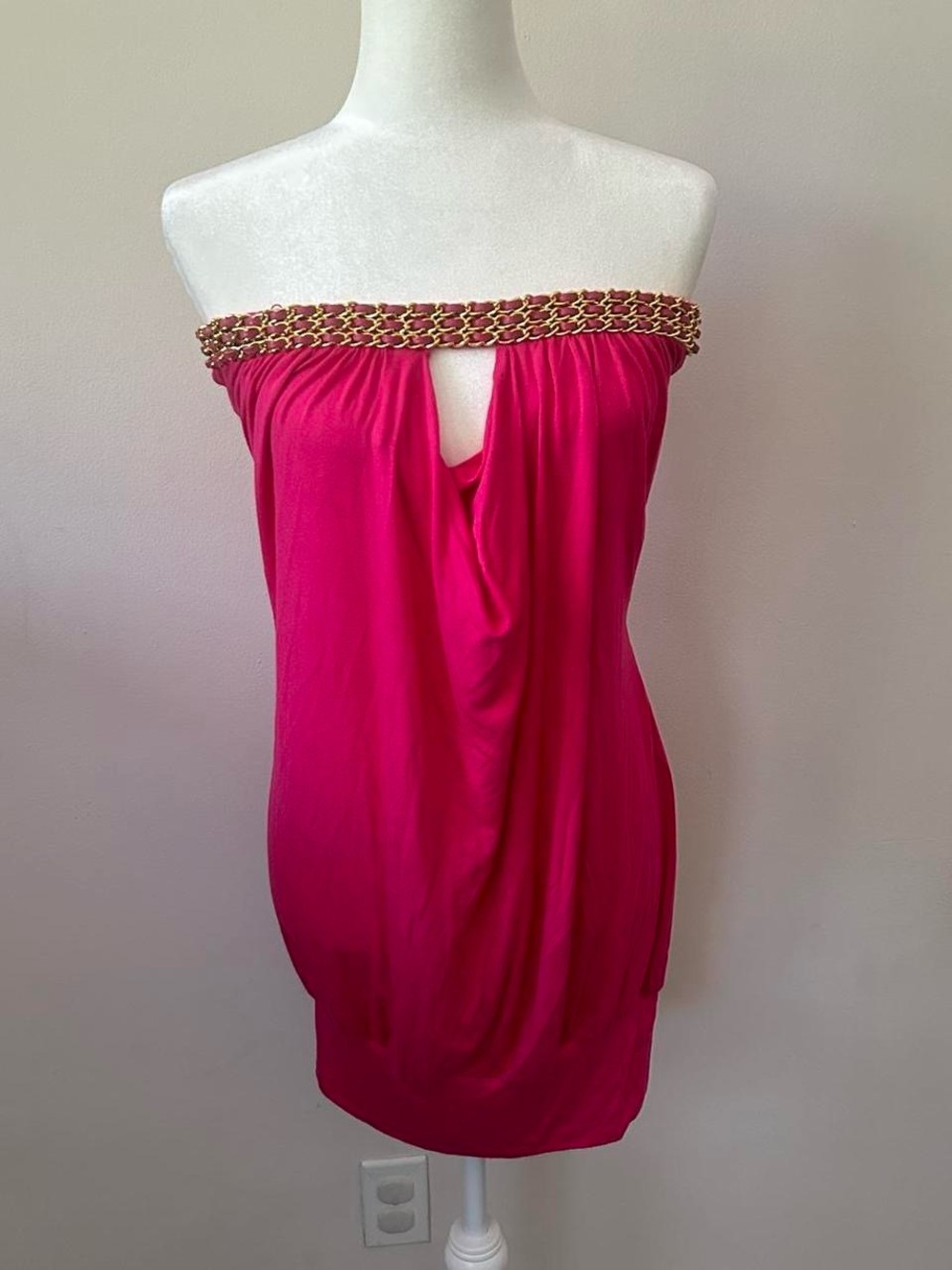 Sky Strapless Hot Pink Mini Dress with Gold Chain Trim